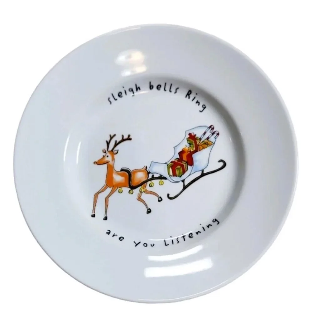 POTTERY BARN Holiday Cheer Sleigh Bells Ring Are You Listening Plate 8 inches